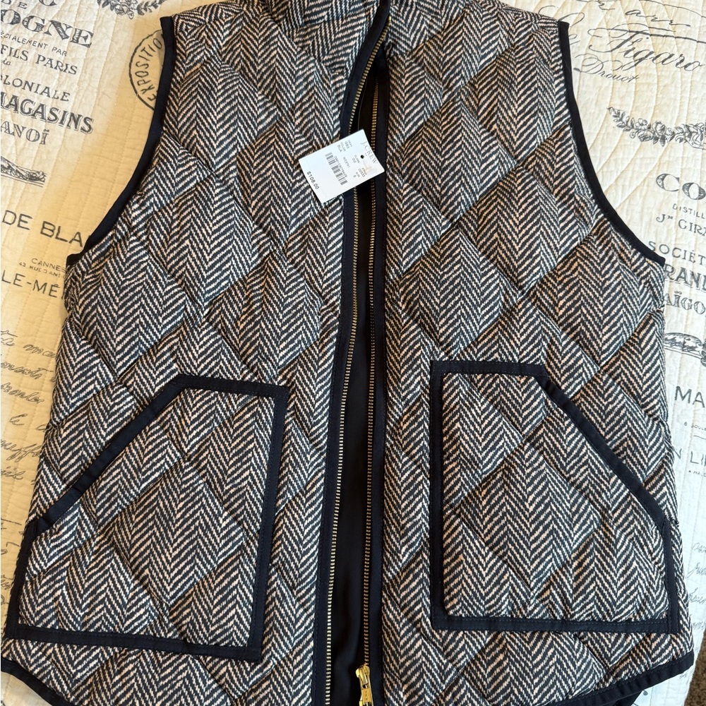 J CREW Puffer Vest Womens Small Black Brown Herringbone Quilted Sleeveless Zip